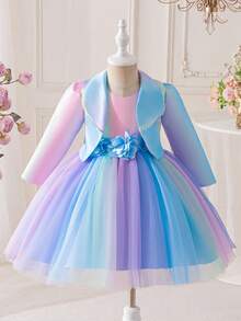 Girls Spring/Autumn Outfit, Collar Fashionable Dress Suit, Colorful Gradient Fluffy Princess Dress With 3D Floral Decor Mid-Length Dress, Children Versatile Top & Vest Dress 2 Pieces Set, Stylish Casual Top, Birthday Party, Holiday, Performance Dress Suit - Blue - View 2