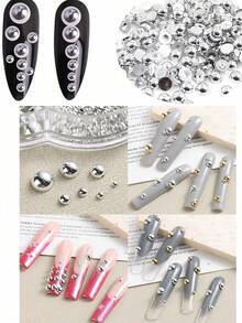 12 Grids Half Round Gold+Silver Pearls Nail Charms Metallic Flat-Back Beads Ball Mixed Size Nail Pearls DIY Nail Gems Nail Supplies - vàng và bạc - Xem 9