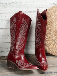 Women's Vintage Embroidered Western Cowboy Boots For Vacation, Music Festivals, And Casual Outings, Festival Footwear, Pointed Toe Design, Durable Tpr Sole  Western    Embroidery    Holiday - Đỏ - Xem 5