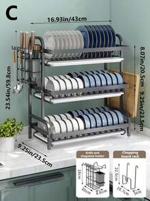 1pc Kitchen Rack, Dish Rack, Multifunctional Tabletop Bowl & Plate Storage Organizer, Multilayer - Black - View 9