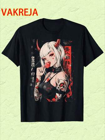 Everyday Cotton Tee, Goth Grunge Girl Waifu Demon Anime Horror Alt Aesthetic T-Shirt Print, Crew Neck Style, Ideal For Hiking, Casual Outings, And Outdoor Comfort Across All Seasons