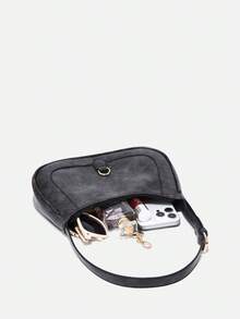 1pc Vintage Minimalist Crescent Moon Shaped Adjustable Shoulder Bag, Suitable For Dates, Outings, Parties - Black - View 5