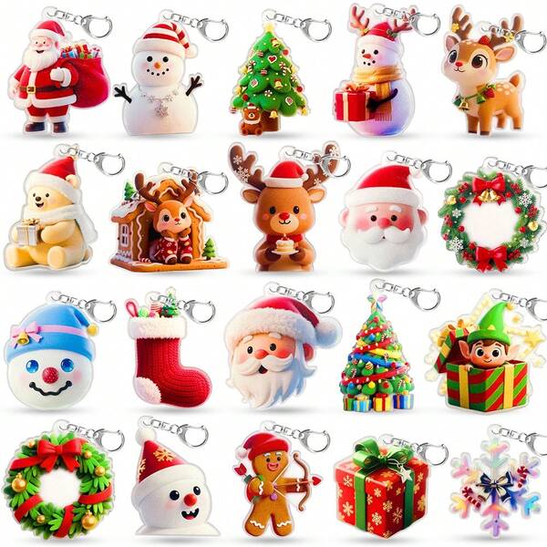 1/5/10/20/48 Pcs Christmas Keychains Bulk, Santa Claus Snowman Xmas Tree Reindeer Hanging Ornaments With Keyrings For Christmas Tree Decoration, Xmas Party Craft Supplies(Colors,Style Random)