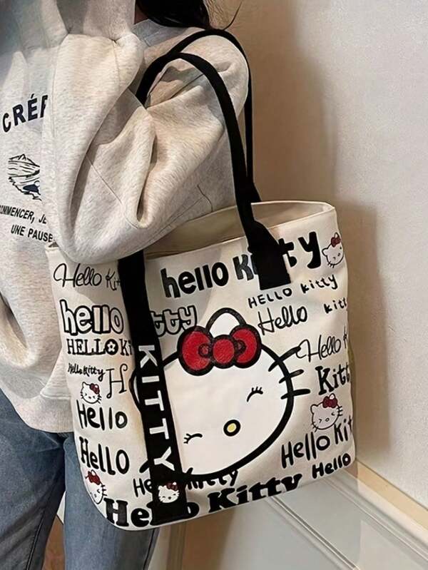 حقيبة كتف كبيرة السعة من القماش المناسبة للاستخدام اليومي والسفر والتخزين وملائمة للملابس، متوفرة باللون الأزرق والوردي والأحمر والأسود، قطعة واحدة بتصميم كارتوني لطيف لهالو كيتي