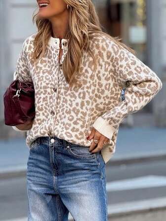 2025 Autumn/Winter New Women Casual Commuter Leopard Print Knitted Button Cardigan, Daily Autumn/Winter Long Sleeve Sweater