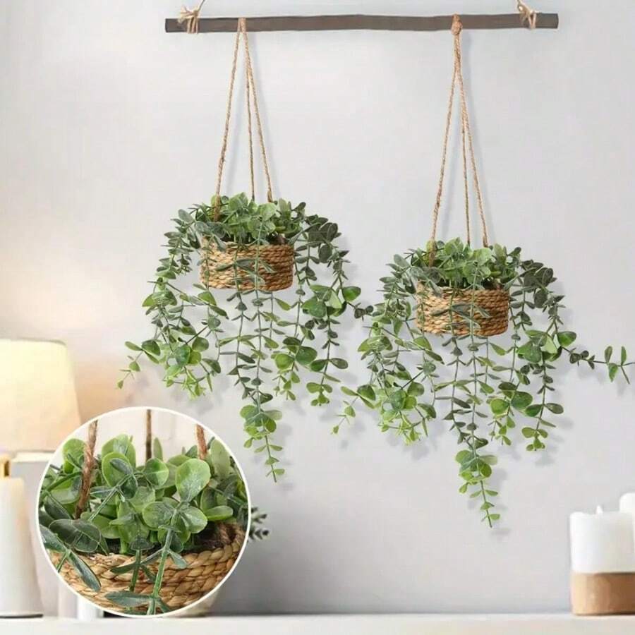 1/2PCS Artificial Eucalyptus Hanging Plant - 12.6 Inch Fake Greenery In Woven Basket, All-Season Home Decor For Living Room, Bedroom, Porch - Holiday Decor (Christmas, Halloween, Easter, Thanksgiving) - Indoor/Outdoor Use - màu xanh lá - Xem 1