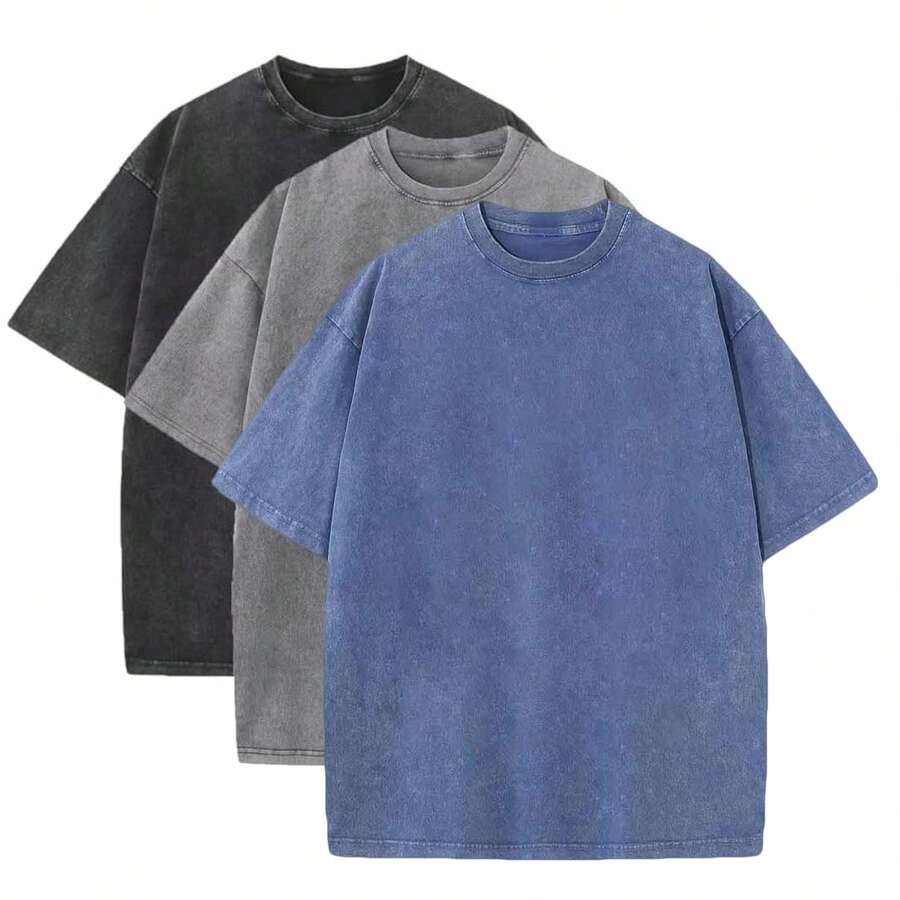 3 Pack Men's Vintage Washed Oversized Cotton T Shirts Loose Fit Short Sleeve Casual Streetwear Unisex Tops - 黑色+灰色+藍色 - 查看 1
