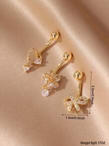 GEREIT 3pcs Sexy Stainless Steel Zirconia Heart, Flower, Bow Navel Piercing Rings Set For Women, Waterproof & Hypoallergenic - Gold - View 4