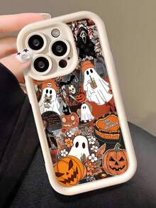 1pc Fashionable Halloween Pumpkin & Ghost Graphic Splicing Pattern Full Coverage White Anti-Fingerprint Soft Phone Case Compatible With IPhone 16 Pro Max/16/16 Pro/16 Plus/15/15 Pro Max/15 Pro/11/12/13/14 Pro Max/11 Pro/11 Pro Max/12 Pro/12 Pro Max/13 Pro/13 Pro Max/14 Pro/14 Pro Max, Creative High-End Design