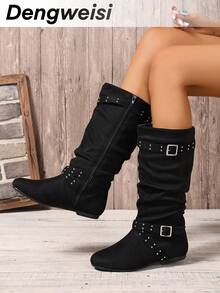 Black Multi-Strap Rivet Punk Pleated Soft Flat Round Toe Versatile Commute Daily Office Casual Holiday Music Festival Fashion Mid-Calf Boots For Women - Black - View 7