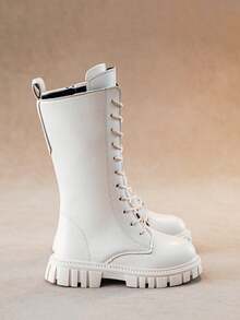 女童秋冬靴子，新款儿童高筒靴，英伦风中筒靴，厚底靴，公主皮靴，学生鞋，小女孩高筒靴 - 米色 - 查看 3