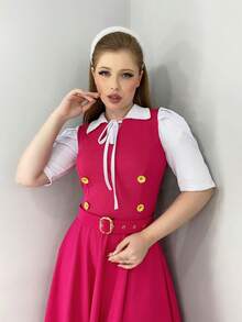 Midi Flared Dress In Evangelical Fashion In Tweed Fabric With Buttons On The Front And Bow - 粉紅玫瑰 - 查看 5