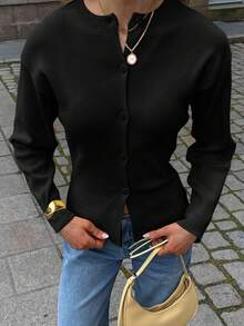 Live To Mo Fspring Break Outfits Black Top Cardigan With Long Sleeves And Buttons, Casual Y2K Style. Perfect For Valentine's Day, Going Out Tops Women And Daily Wear. - Black - View 7