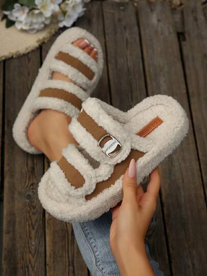 女士毛绒双条拖鞋，展现优雅女神气质和可爱风格，圆头平底室内拖鞋，适合居家放松时刻，优雅甜蜜的家居氛围