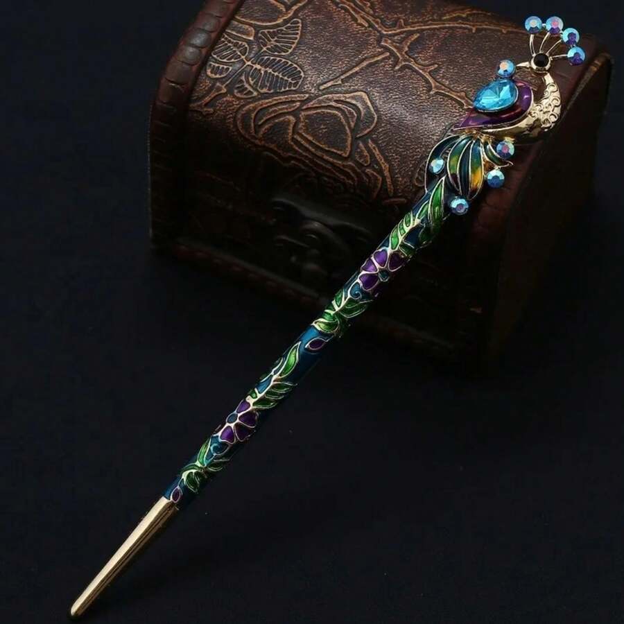 Pasador de palo de pelo de pavo real de cristal esmaltado Retro para mujer, accesorios hechos a mano de estilo chino, herramientas de peinado de belleza, horquilla - Rojo - Ver 1