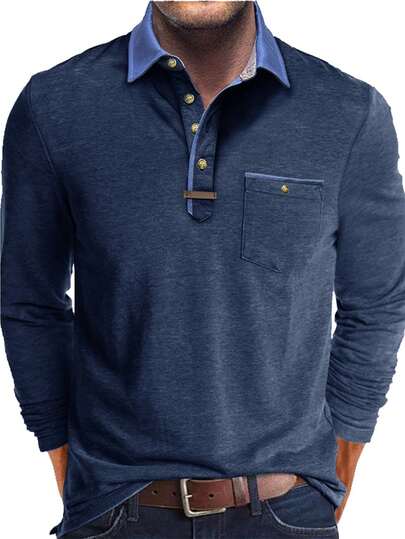Men Plus Size Long Sleeve Polo Shirt, Fashionable Turndown Collar Pocket Henley Top, Fall