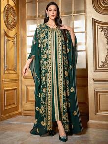 Women's Elegant Long Sleeve Embroidered Dress With Bat Sleeves, Arabic Style Two Pieces Set - Dark Green - View 2