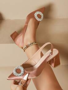 Women's High Heel Rhinestone Buckle Fashionable Versatile Commuter Shoes, Toe-Covering Design - Dusty Pink - View 2