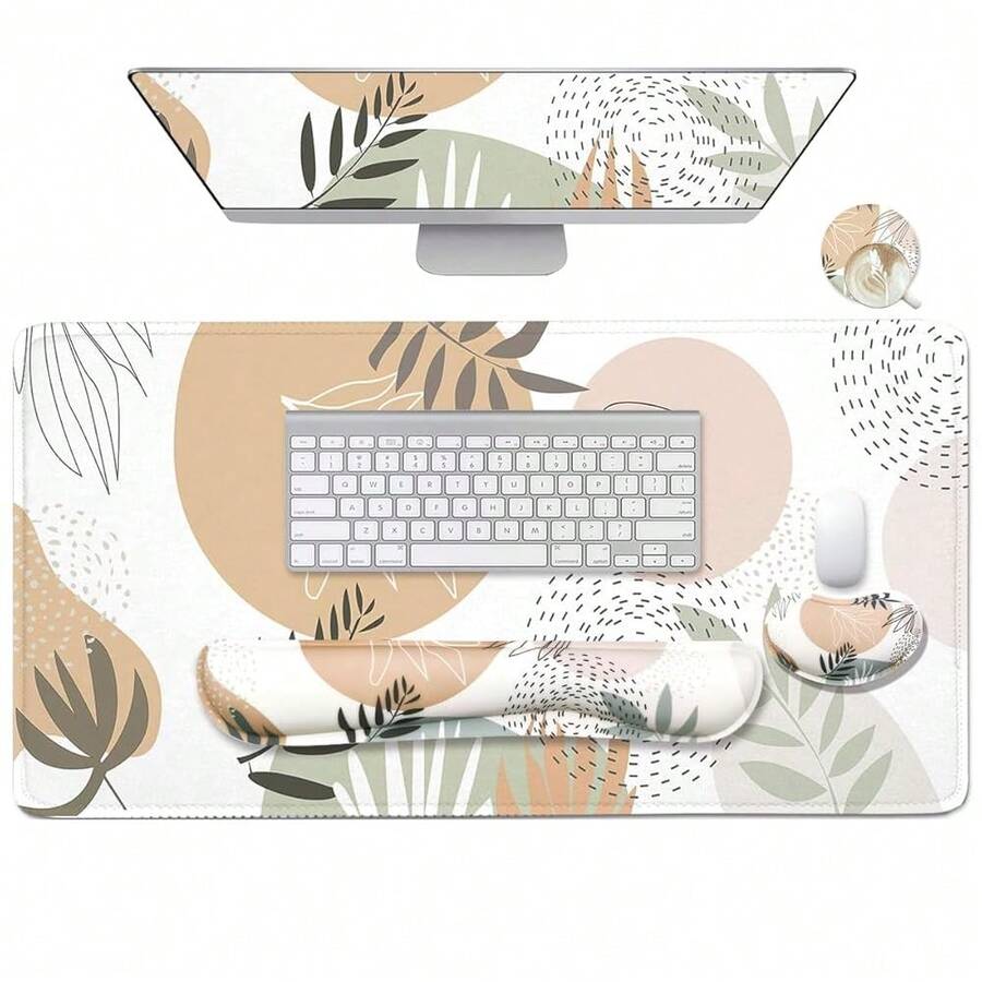 Large Keyboard Mouse Pad Set, Extended Mouse Pad+Keyboard Wrist Rest Support, Memory Foam Ergonomic Easy Typing, 4Pcs (35.4*15.9 In) Desk Pad Set For Home Office Study Game - Colorful-671326 - Leave - View 1