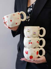 1pc Ins Style Hand-Painted Cherry & Strawberry Ceramic Cup, Asymmetrical Embossed Body, Breakfast Coffee Mug, Girly Desktop Water Cup, Party Afternoon Tea Cup, Red Tea Cup, Large Capacity Water Mug, Coffee Cup - Multicolor - View 2