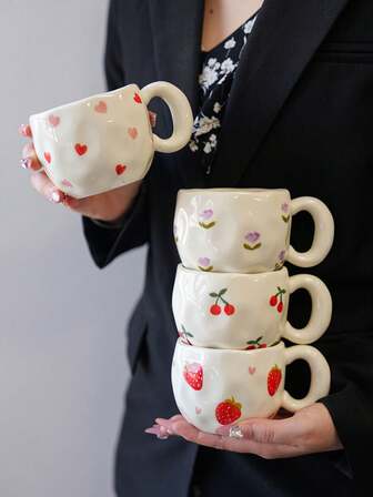 1pc Ins Style Hand-Painted Cherry & Strawberry Ceramic Cup, Asymmetrical Embossed Body, Breakfast Coffee Mug, Girly Desktop Water Cup, Party Afternoon Tea Cup, Red Tea Cup, Large Capacity Water Mug, Coffee Cup
