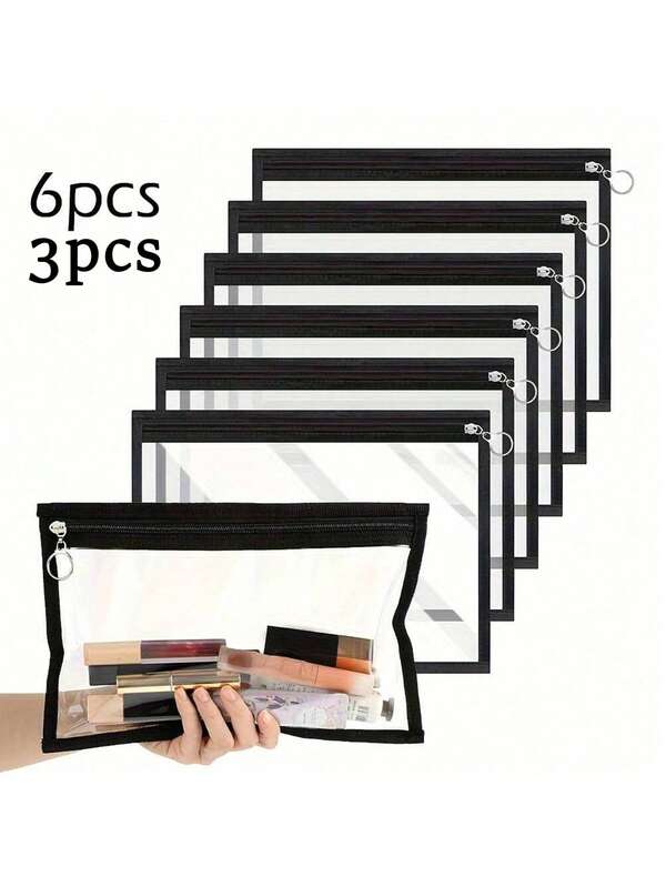 3/6Pcs Cosmetic Bags, Clear PVC Makeup Bag With Zipper, Portable Transparent Toiletry Bags, Pencil Pouches PVC Makeup Pouch Envelopes Folder Storage Multi Purpose Pouch Document File Organization Bags, Carry Travel Zippered Pouch Bags For Business Travel, Vacation, Bathroom, Simple Unisex Transparent Pouches, Autumn University Essentials Travel Essentials Holiday Travel Bag For Women Makeup Organizer