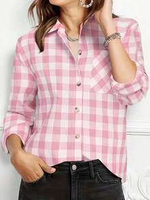 JOVI SHEEN Uma Camisa Casual de Xadrez Rosa com Bolso de Botão, Elegante Top de Gola Longa para Jovens, Versátil Camisa Feminina, Camisa Feminina para Escritório, Camisas Adequadas para Muitas Ocasiões Durante Todo o Ano.