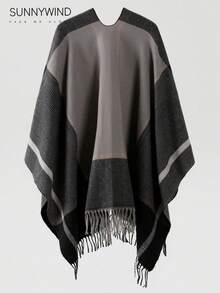 1 pezzo Poncho plaid versatile, elegante per pendolarismo, casual e abbigliamento da lavoro, autunno/inverno - nero - Visualizzare 2
