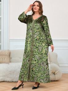 Top, Vestido de mujer 2025, Vestido de mujer talla grande, Vestido elegante de uso diario, Falda suelta de manga larga con cuello en V de estilo nacional hermoso - Verde - Ver 4