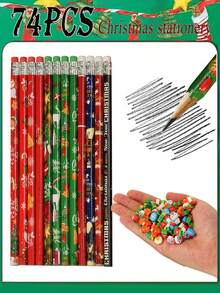 74 支装圣诞卡通铅笔套装（带橡皮），以雪人、圣诞老人、雪花、驯鹿图案为特色，奖品绘图铅笔，创意文具，学生素描，HB 铅笔，用于学习写字返校，创意学生用品，教师办公用品，理想的节日礼物和派对礼物（任何风格） - 彩色 - 查看 1