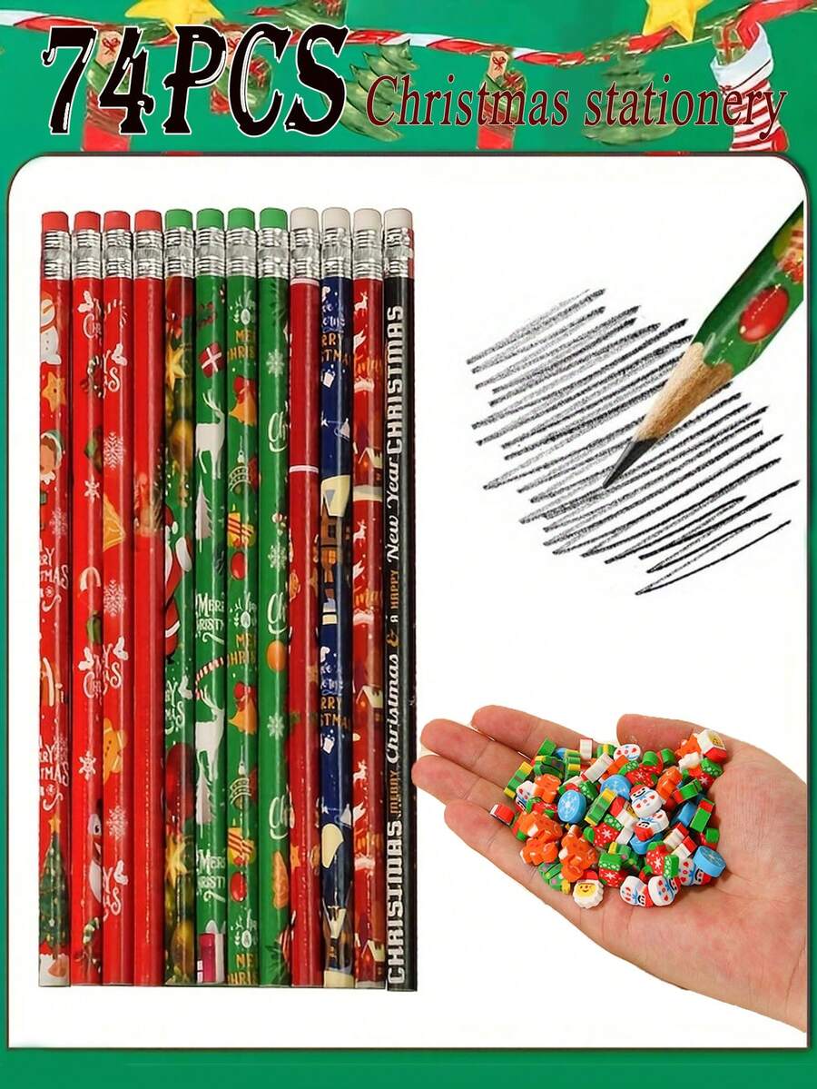 74 支装圣诞卡通铅笔套装（带橡皮），以雪人、圣诞老人、雪花、驯鹿图案为特色，奖品绘图铅笔，创意文具，学生素描，HB 铅笔，用于学习写字返校，创意学生用品，教师办公用品，理想的节日礼物和派对礼物（任何风格） - 彩色 - 查看 1