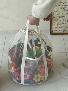 1个大容量物品抽绳收纳袋积木收纳桶网状玩具整理桶帆布书籍整理桶便携式游泳洗漱袋多功能物品收纳袋带提手轻便拼图收纳袋毛绒玩具收纳抽绳袋大号日常洗衣篮儿童物品收纳桶 - 米色 - 查看 3