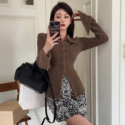 여성용 갈색 작은 칼라 지퍼 빈티지 재킷 패치워크 퍼리 탑