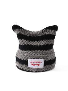 1pc Women's Fashion Striped Ear Decor Distressed Fabric Tag Knit Hat, Warm For Autumn/Winter Outfits - Multicolor - View 20