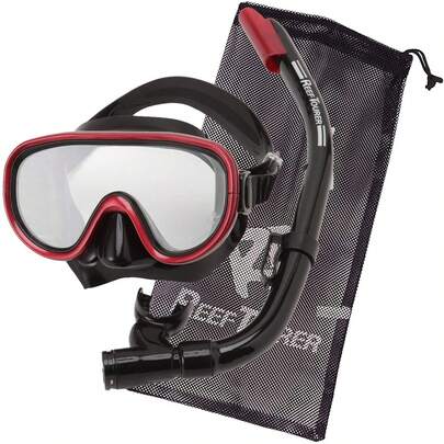 Reef Tourer Adult Single-Window Mask & Snorkel Set For Ages 10+, Semi-Dry Top, Purge Valve, Panoramic Wide View Tempered Glass Lens, With Reusable Travel Mesh Bag, RC0105