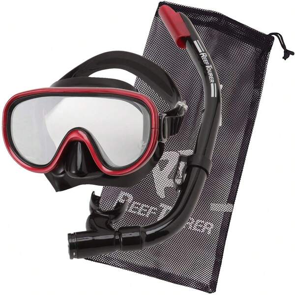 Reef Tourer Adult Single-Window Mask & Snorkel Set For Ages 10+, Semi-Dry Top, Purge Valve, Panoramic Wide View Tempered Glass Lens, With Reusable Travel Mesh Bag, RC0105