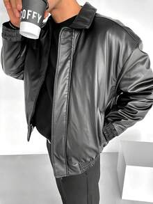 Men's Casual Loose Fit Business Leather Jacket, Old Money Style - Black - View 3