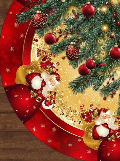 1/100 Buah Alas Pohon Natal 90cm/60cm, Latar Belakang Emas dengan Kepingan Salju, Santa Claus, Dekorasi Hadiah, Aksesoris Pohon Natal, Dekorasi Natal Penting