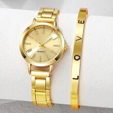 2 件套奢华金色女士手表女士手链不锈钢 LOVE 手链女士礼物 - 金色 - 查看 2