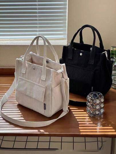 Original Literature Corduroy Multi-Pocket Handbag & Shoulder Bag, Simple Multi-Functional Lunch Box Bag For Students, Large Capacity, Zipper Closure, Casual Handbag, Retro Corduroy Shoulder Bag, Large Capacity Handbag, Simple Multi-Functional Student Backpack, Lunch Box Bag, Old Money