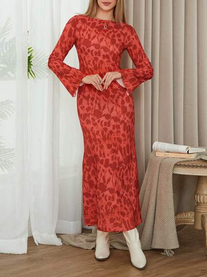 Autumn Ladies Long Dress, Women Leisure Style Zebra Print Long Sleeve Flared Cuff Round Collar Slim Skirt Party Dress