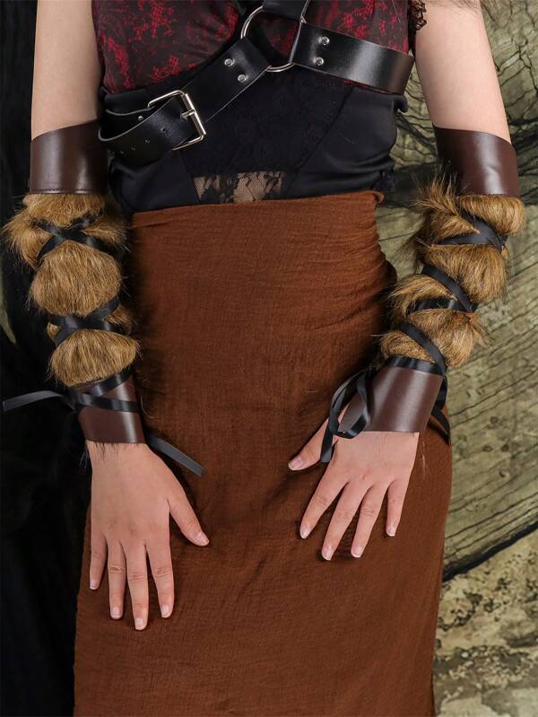 2pcs Viking Barbarian Arm Guards, Medieval Artificial Fur Gauntlets, Vintage Faux Leather Bracers For LARP - Perfect For Mardi Gras, Easter, Halloween