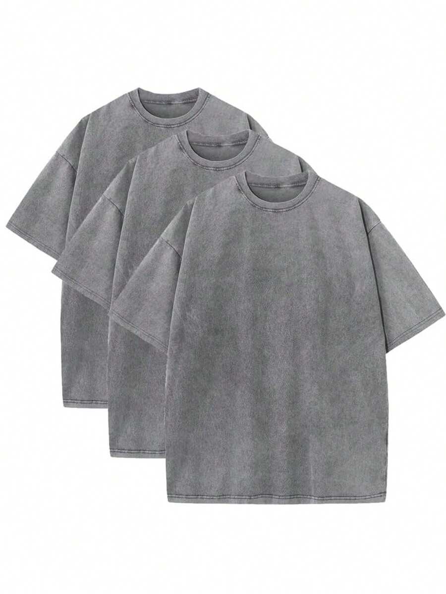3 Pack Men's Vintage Washed Oversized Cotton T Shirts Loose Fit Short Sleeve Casual Streetwear Unisex Tops - 3件灰色 - 查看 1