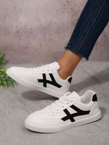 女士时尚新款春秋圆头户外休闲运动鞋，几何拼接条纹粉色运动鞋，舒适柔软休闲鞋，滑板鞋，白色运动鞋