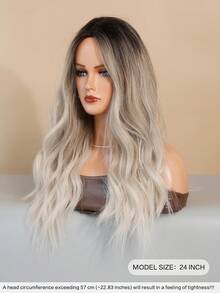 24 Inch Long Wavy Silver To Grey Ombre Wig For Women Heat Resistant Fiber Middle Part Hairpiece With Dark Roots,Natural Synthetic Full Machine Hair Wigs For Daily Music Festival Party Wear, Cosplay Halloween & Street Photography Use - 漸變灰色 - 查看 4