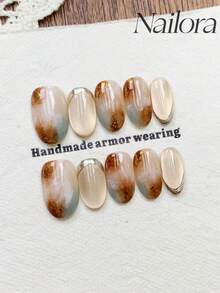 10 件手工指甲椭圆形指甲人造按压指甲短指甲，极简主义浅米棕色渐变晕染渐变指甲，闪亮闪光粉手绘金属不对称线条，闪亮猫眼，可爱简约优雅奢华手工制作秋季指甲，现代秋季指甲，多功能指甲 DIY 假指甲艺术派对日常和约会使用海滩热带度假适合可重复使用，适合女士和女孩作为礼物指甲用品 - 彩色 - 查看 2