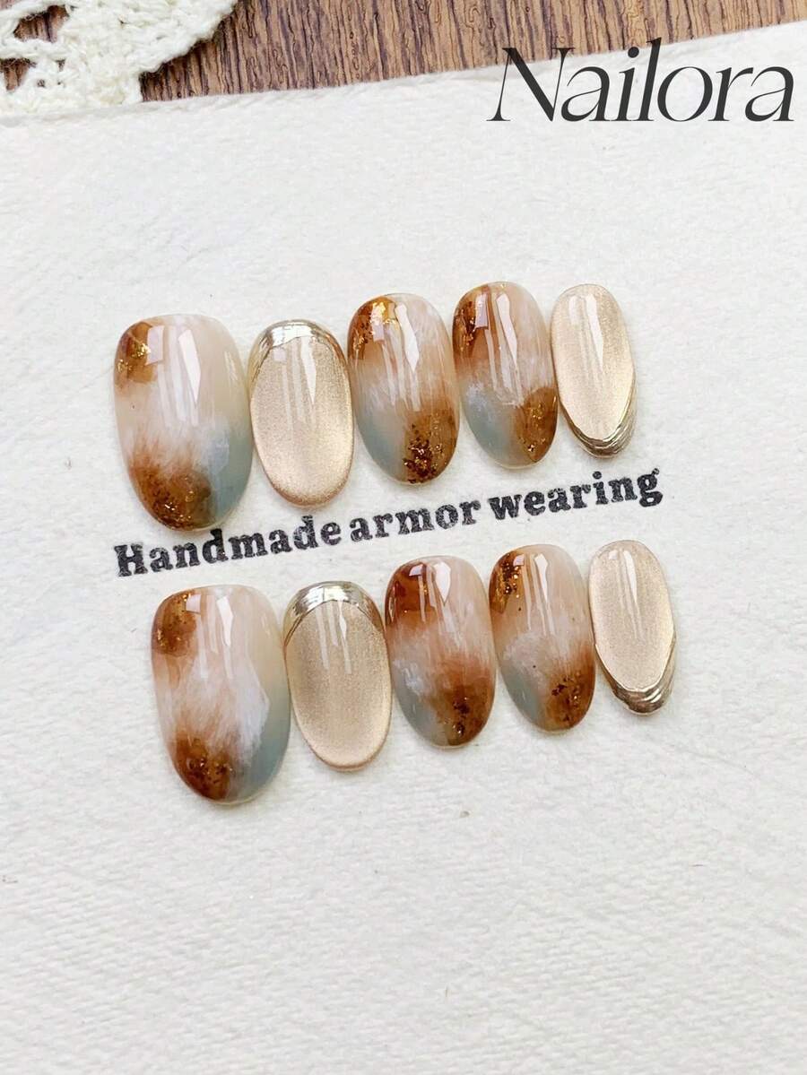 10pcs Handmade Nails Oval Nails Artificial Press On Nails Short Nails, Minimalism Light Beige Brown Ombre Smudge Gradient Nails, Ablaze Glitter Powder Handpainted Metallic Asymmetrical Lines, Flashy Cateye, Cute Simple Elegant Luxury Handcrafted Handmade Nails Autumn Nails, Modern Fall Nails, Versatile Nails DIY False Nail Art Party Daily & Dating Use Beach Tropical Getaway Suitable Reusable, For Women & Girls As Gift Nail Supplies - Multicolor - View 1