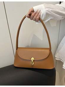 柔软PU皮革金属锁扣装饰复古贝壳法棍包，女士单肩包，新款女士手提包，小方包 - 棕色 - 查看 2