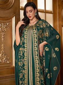 Women's Elegant Long Sleeve Embroidered Dress With Bat Sleeves, Arabic Style Two Pieces Set - Dark Green - View 4