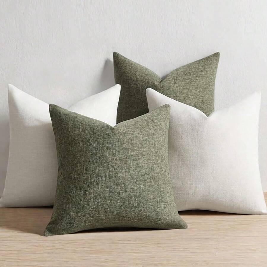 Set Of 2 Dark Sage Pillow Covers 22 X 22 Inch, Farmhouse Boho, Decorative Throw Pillow Covers, Linen Cushion Covers Sofa Couch, Modern Rustic Decor - Ivory and Moss Green - View 1
